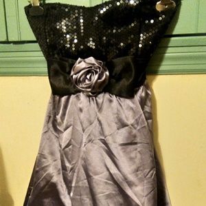 Black and silver strapless rose sequin dress